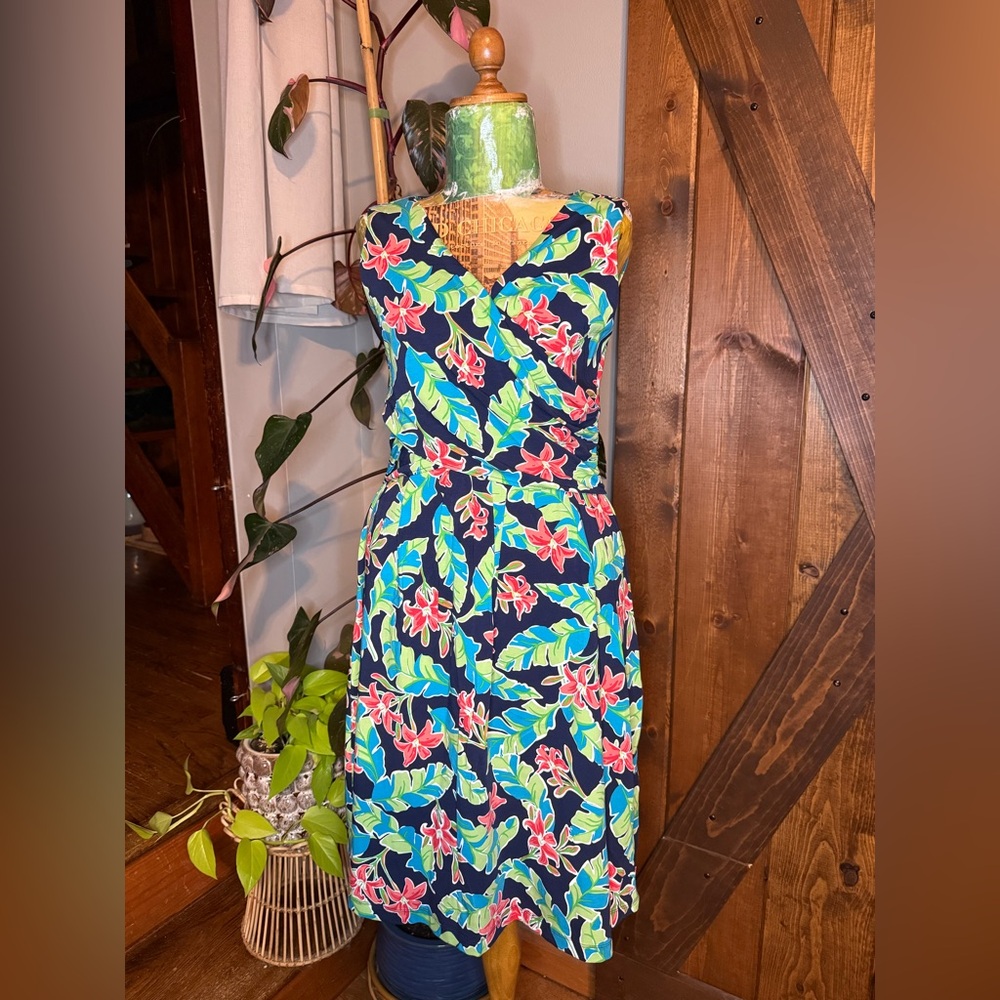 Lands' End Navy Floral Midi Dress